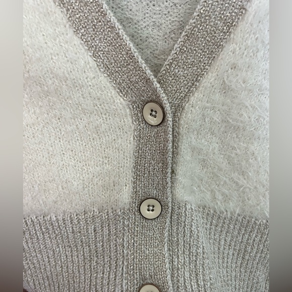 Decree JUNIORS Fuzzy Eyelash Cardigan Sweater - Petite Fit -Cream, Gold Metallic - Picture 2 of 6